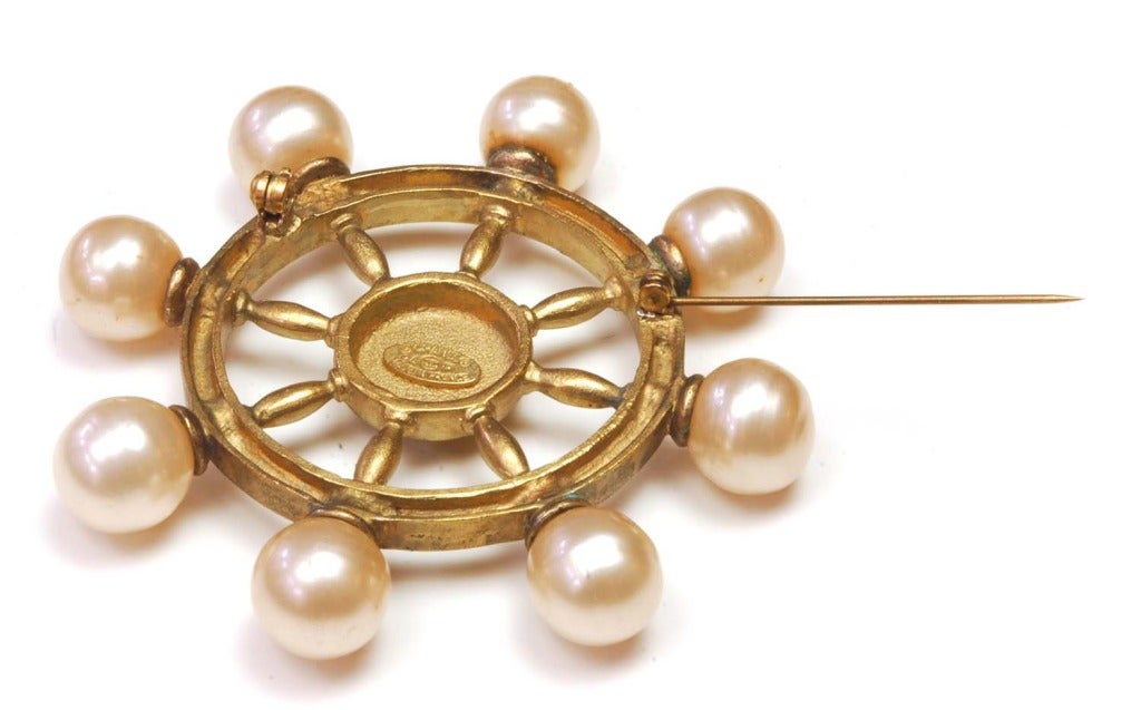 Women's CHANEL Gold & Pearl Logo Ship's Helm Pin