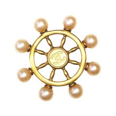 Vintage CHANEL Gold & Pearl Logo Ship's Helm Pin