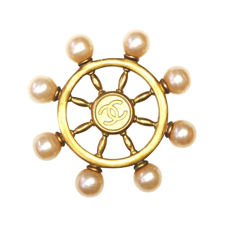 CHANEL Gold & Pearl Logo Ship's Helm Pin