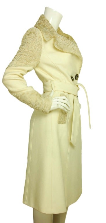 DOLCE & GABBANA Cream Long Double Breasted Coat W. Persian Lamb Trim Sz. 38/4