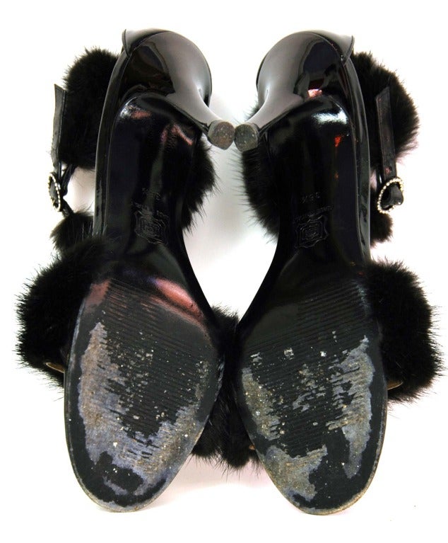 GIANNI VERSACE Black Patent Shoes With Mink Trim - Size 36.5/6.5 1