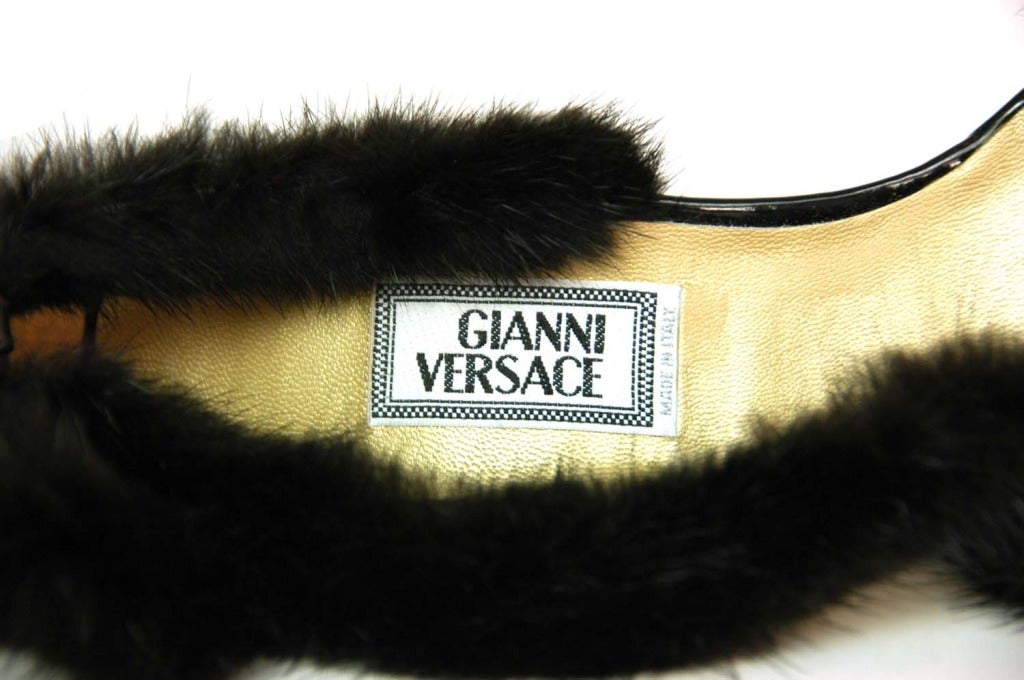 GIANNI VERSACE Black Patent Shoes With Mink Trim - Size 36.5/6.5 2