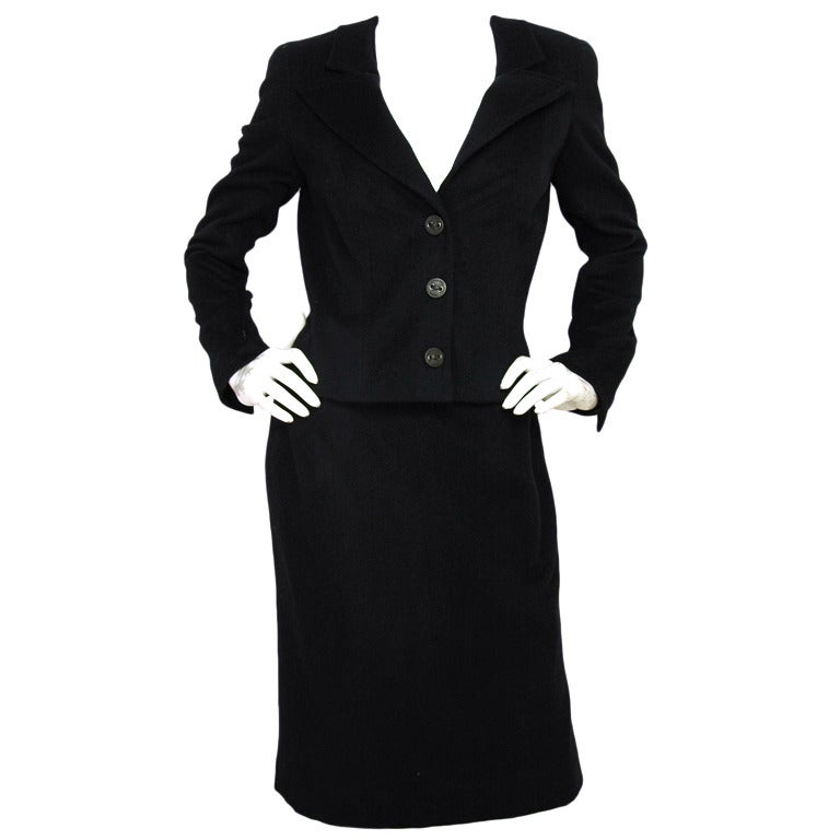 CHANEL 2002 Black Cashmere Jacket & Skirt 2pc Suit Set Sz. 42