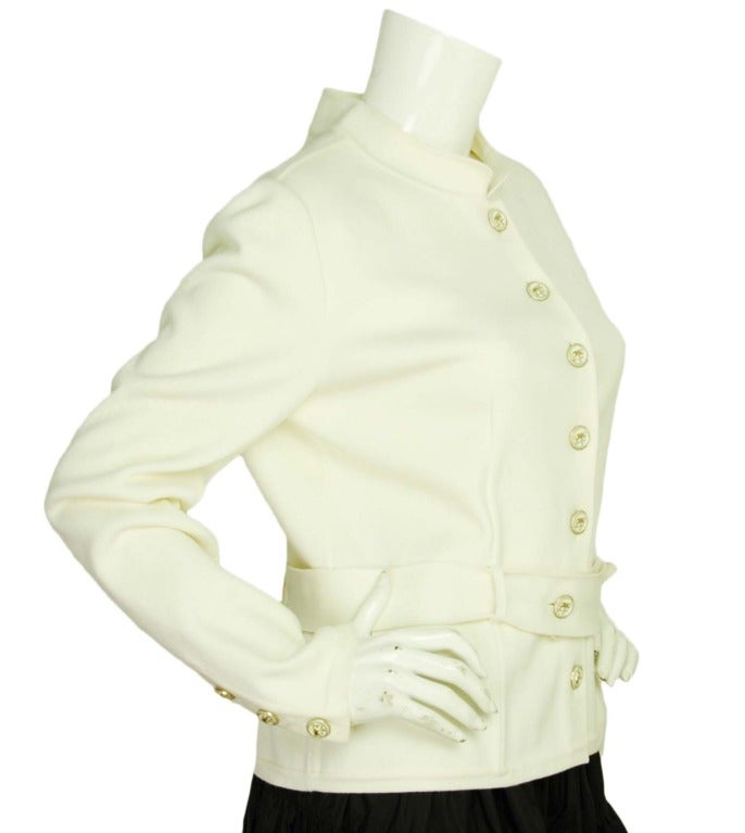CHANEL White Cotton Jacket W. Elephant Buttons & Belt Sz. 46 RT. $4,355
Age: 2012
Made in Italy
Materials: 34% wool, 31% rayon, 15% angora, 13% nylon, 7% polyester.
Features shallow collared cardigan with six white and silver elephant buttons