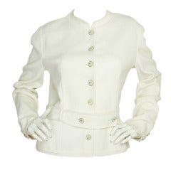 CHANEL Veste en coton blanc avec boutons éléphants & Ceinture Sz. 46 RT. 4 355