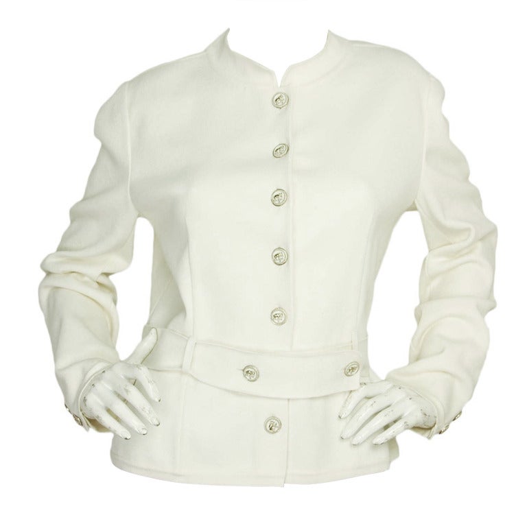 CHANEL White Cotton Jacket W. Elephant Buttons & Belt Sz. 46 RT. $4, 355