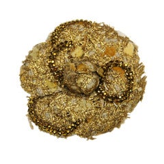 CHANEL Gold Tweed Camellia Flower Pin W. Beads