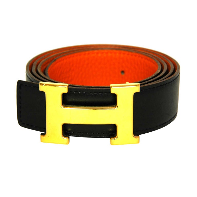 HERMES Gold Logo H Buckle W. Reversible Black/Orange Belt Sz. 95 2005 ...