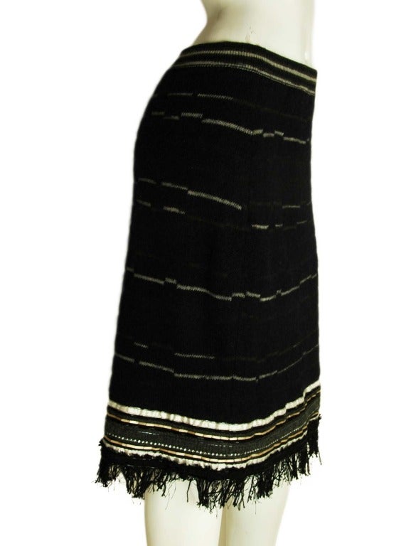 CHANEL Black Knit Skirt w. Horizontal Lines and Beads SZ - 42