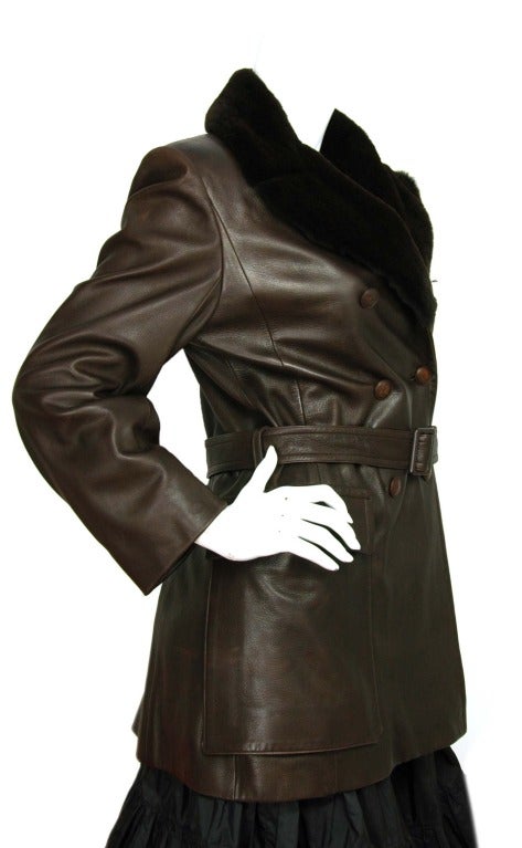 HERMES Brown Double Breasted Leather Jacket w. Fur Collar and Belt SZ - 4