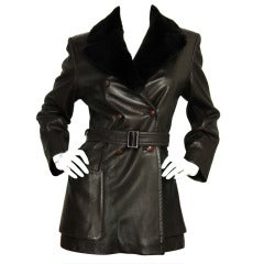 HERMES Brown Double Breasted Leather Jacket w. Fur Collar and Belt SZ - 4