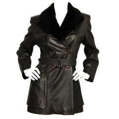 HERMES Brown Double Breasted Leather Jacket w. Fur Collar and Belt SZ - 4