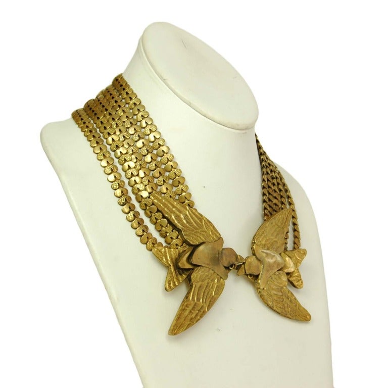 CHANEL Brass Tone 5 Strand Link Necklace W. Two Kissing Birds 1982 In Good Condition In New York, NY