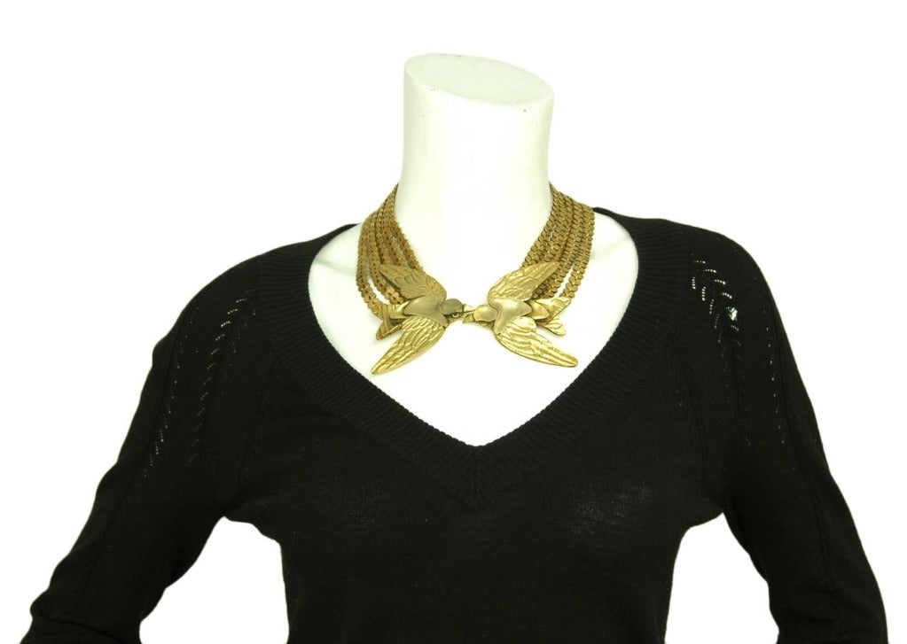 CHANEL Brass Tone 5 Strand Link Necklace W. Two Kissing Birds 1982 2