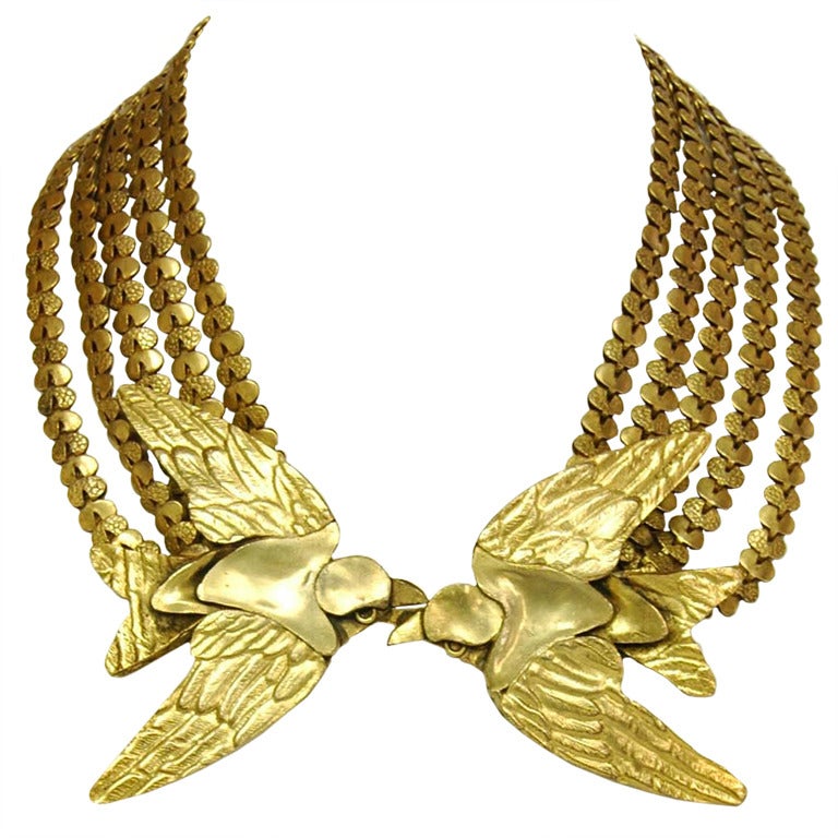 CHANEL Brass Tone 5 Strand Link Necklace W. Two Kissing Birds 1982
