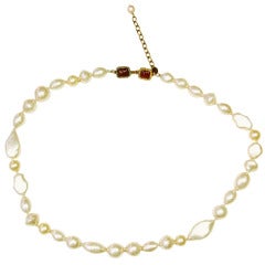 CHANEL Long Multishape Faux Pearl Necklace W. Gold & Red Gripoix Closure 1983 1