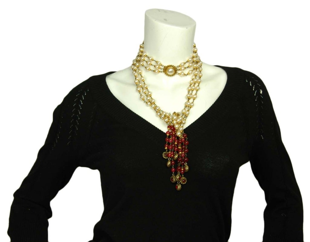 CHANEL Three Strand Long Faux Pearl Lariat Necklace W. Red Gripoix Beads 1984 3
