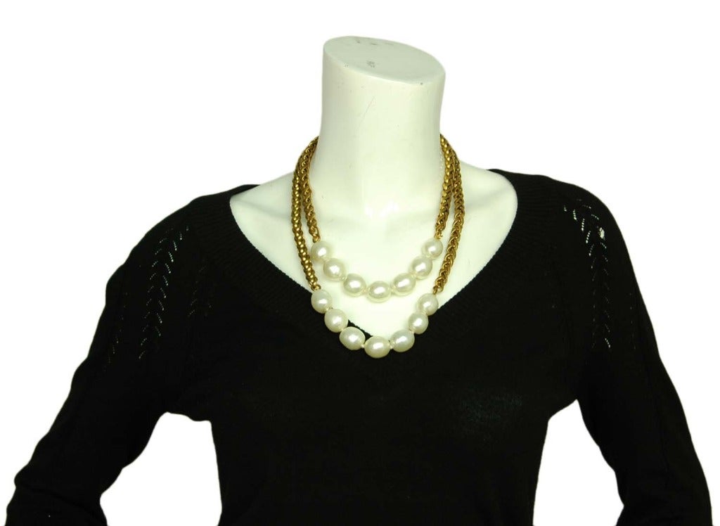 CHANEL Goldtone Necklace W. Two Faux Pearl Sections 1984 1