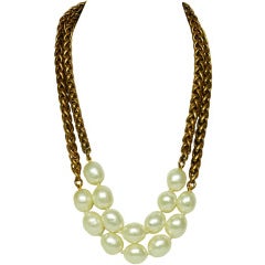 CHANEL Goldtone Necklace W. Two Faux Pearl Sections 1984 11