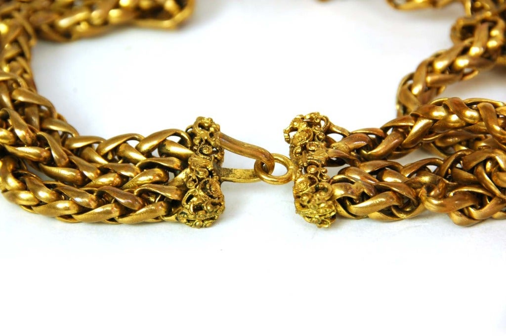 CHANEL 3 Strand Chain Link Necklace W. Detachable Gripoix Medallions 1984 1