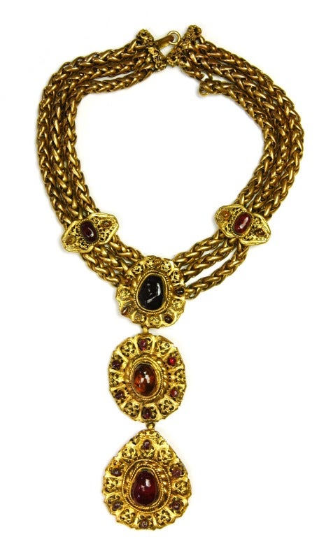 CHANEL 3 Strand Chain Link Necklace W. Detachable Gripoix Medallions 1984 3