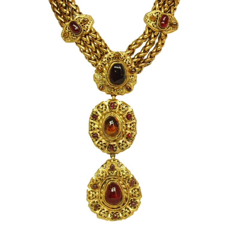 CHANEL 3 Strand Chain Link Necklace W. Detachable Gripoix Medallions 1984