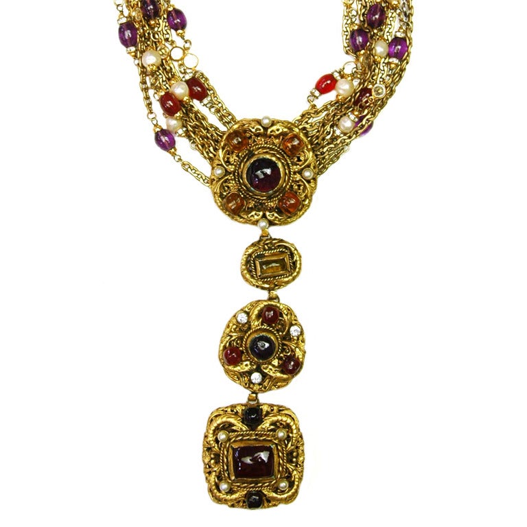 CHANEL Gold Multistrand Medallion Necklace W. Gripoix, Pearls and ...
