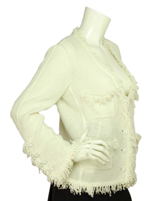 CHANEL White Cotton Blend Sweater Jacket W. Fringe Trim Sz. 46 2007