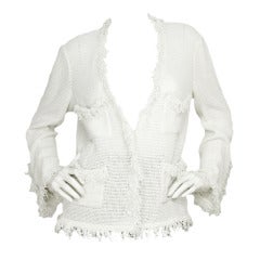 CHANEL White Cotton Blend Sweater Jacket W. Fringe Trim Sz. 46 2007