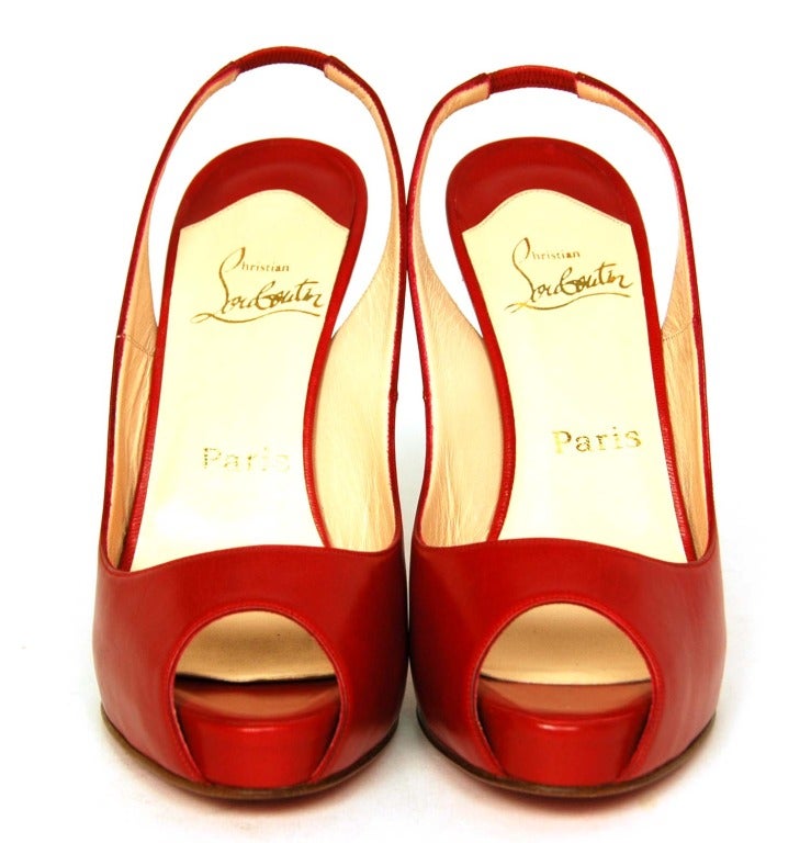 CHRISTIAN LOUBOUTIN Red Leather Peeptoe Platform Slingback Heels RT. $755 Sz. 39