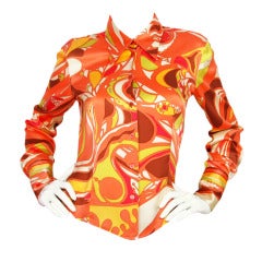 PUCCI Orange/White Silk Long Sleeve Blouse SZ - Small
