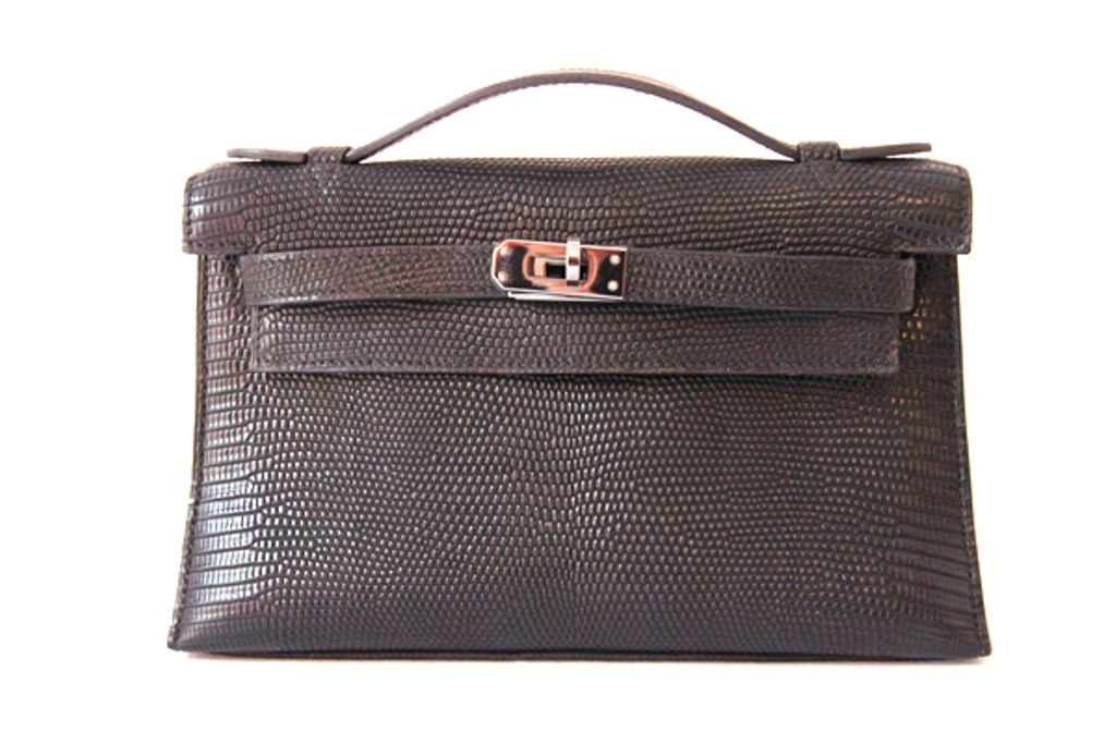 Hermes Black Lizard Kelly Pochette Bag PHW at 1stdibs  