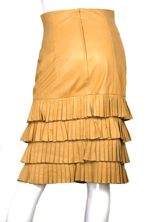 CHANEL Beige Accordion Pleat Trimmed Leather Skirt Sz. 38 In Good Condition In New York, NY