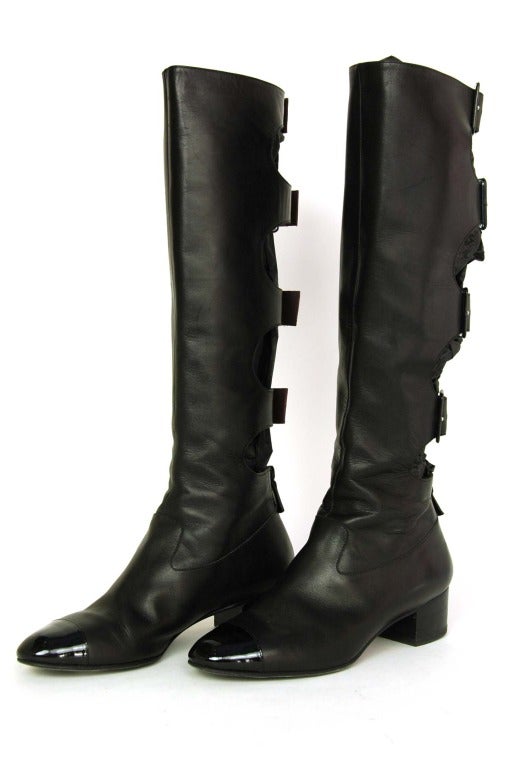 CHANEL Black Leather Boots w. Back Buckles & Cut Outs SZ - 37 In Excellent Condition In New York, NY