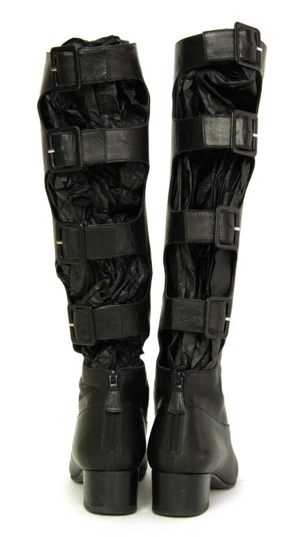 Women's CHANEL Black Leather Boots w. Back Buckles & Cut Outs SZ - 37