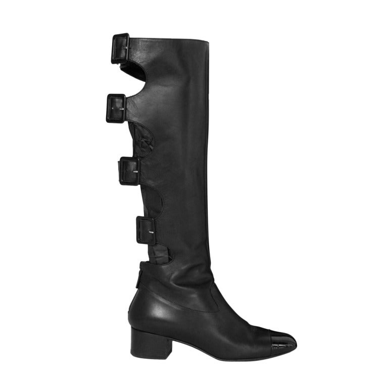 CHANEL Black Leather Boots w. Back Buckles & Cut Outs SZ - 37