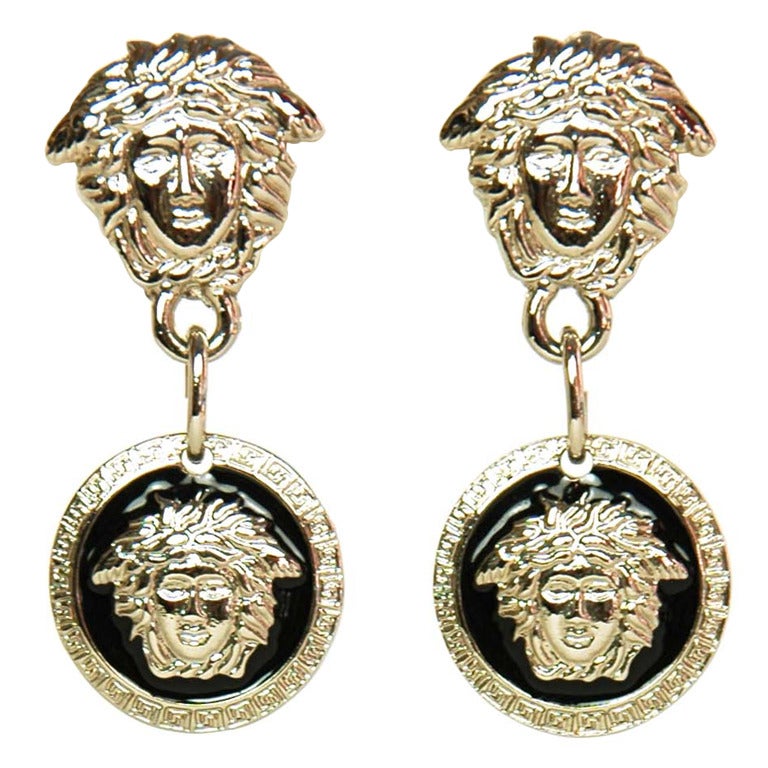 GIANNI VERSACE Silver & Black Medusa Dangling Clip-On Earrings