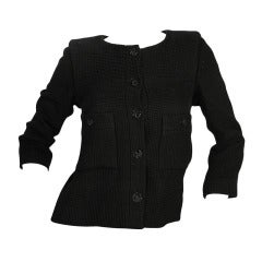 CHANEL Black Waffle Knit Cropped Jacket W. Floral Buttons Sz. 34