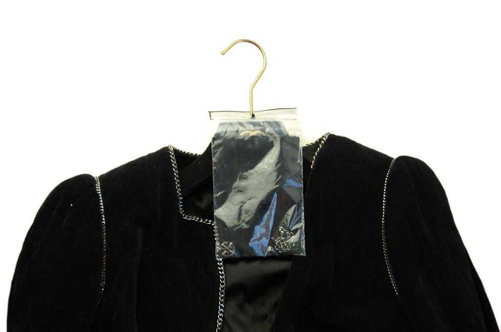 Chanel 2006 Black Fitted Velvet Zip Up Jacket w. Pewter Chain Trim Sz. 40 1