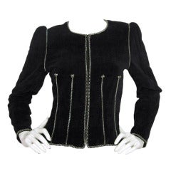 Chanel 2006 Black Fitted Velvet Zip Up Jacket w. Zinn Kette Trim Sz. 40