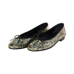 CHANEL Silver Python Ballet Flats W. Bow Sz. 37 c. 2008