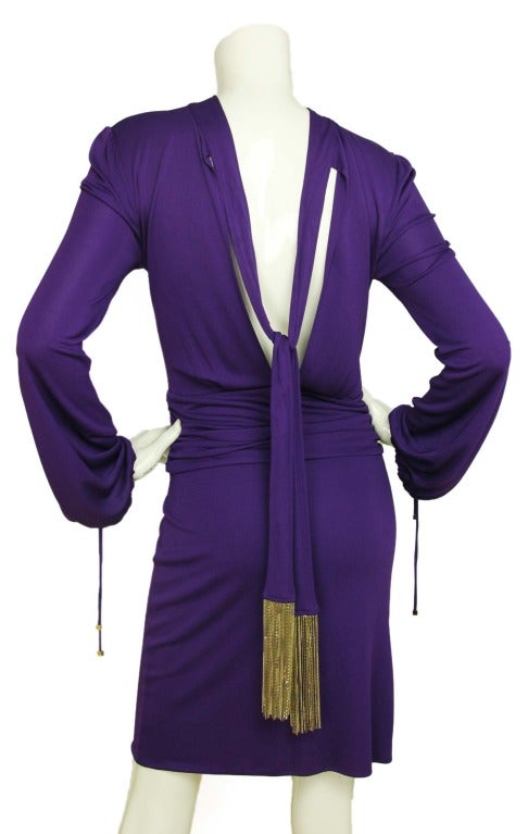 GUCCI Purple Longsleeve Dress with V-Back and Fringe Chain Tie In Excellent Condition In New York, NY