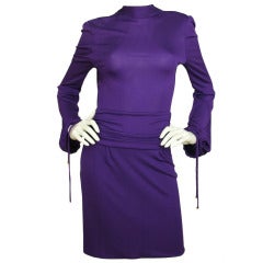 GUCCI Purple Longsleeve Dress with V-Back and Fringe Chain Tie