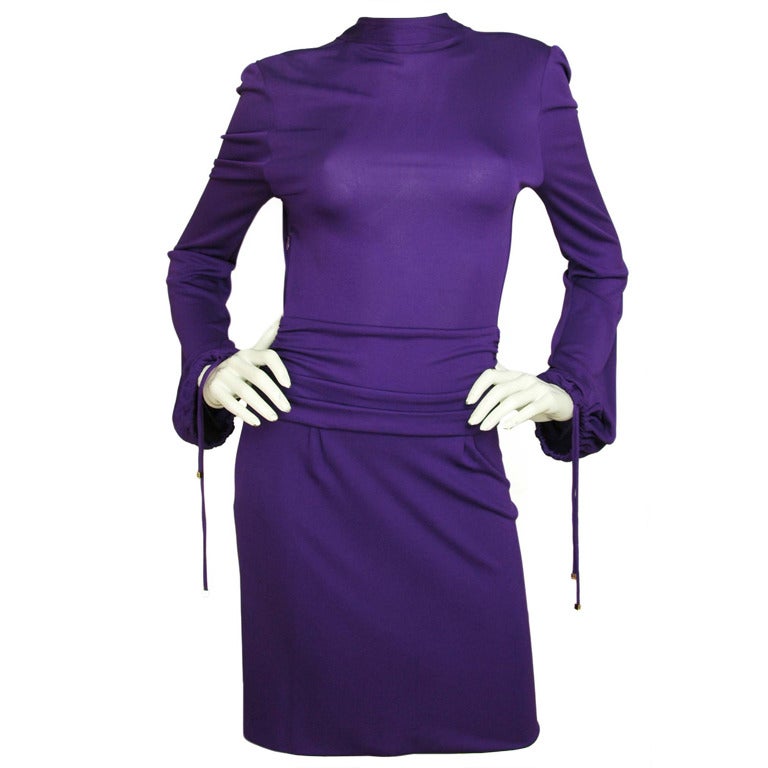 GUCCI Purple Longsleeve Dress with V-Back and Fringe Chain Tie