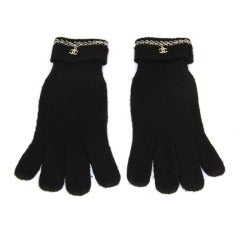 CHANEL Black Cashmere Gloves W. Silver Chain Trim
