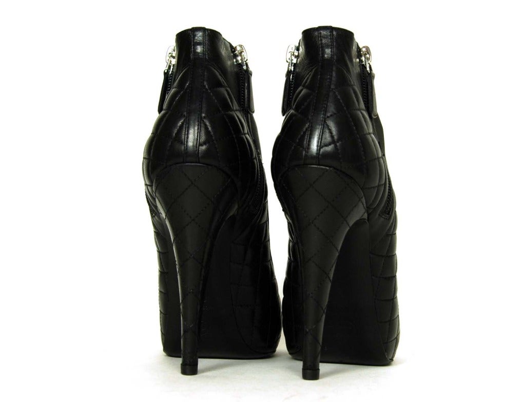 CHANEL Black Leather Ankle Booties W. Quilting, Cap Toe and Side Zippers Sz. 39.5 at 1stdibs