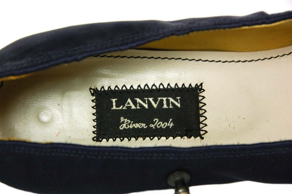 LANVIN Navy Blue Satin Mary Jane Heels Sz. 38.5 1