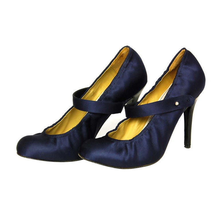 LANVIN Navy Blue Satin Mary Jane Heels Sz. 38.5