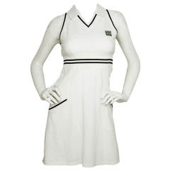 CHANEL White Sleeveless Collared Tennis Dress W. Navy Blue Accents Sz. 36
