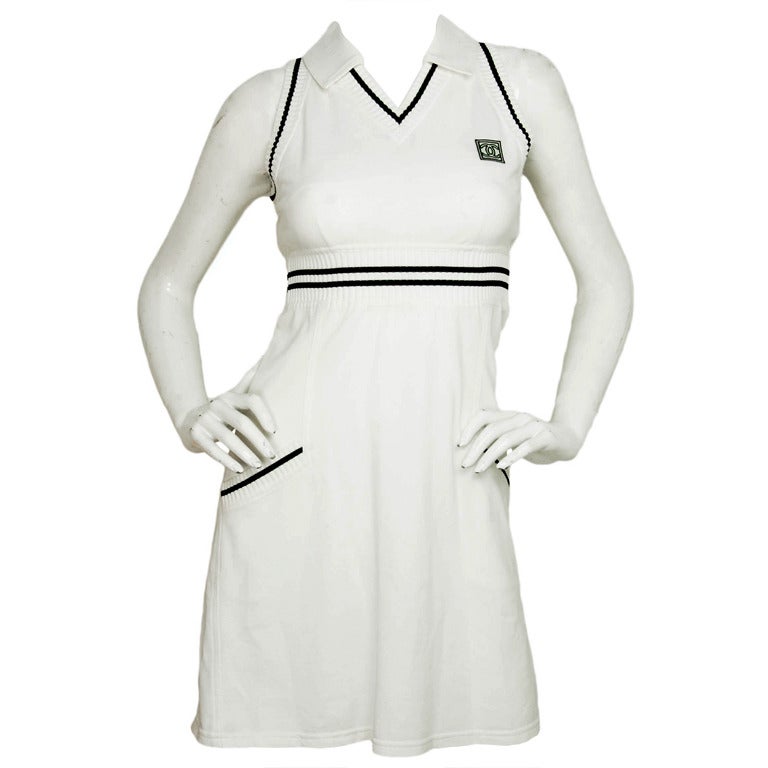 CHANEL White Sleeveless Collared Tennis Dress W. Navy Blue Accents